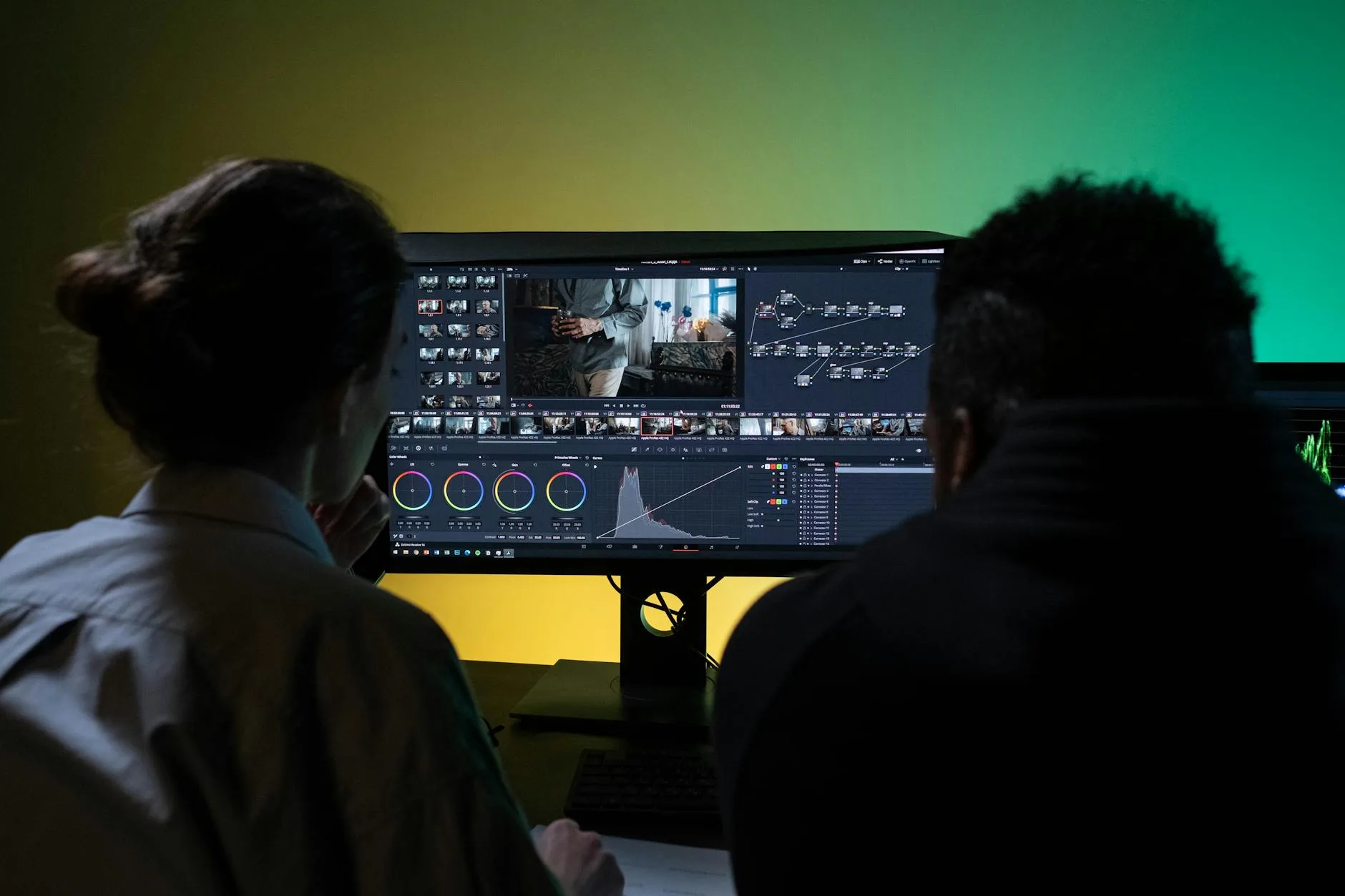 Close-up of a monitor screen showing colour grading software