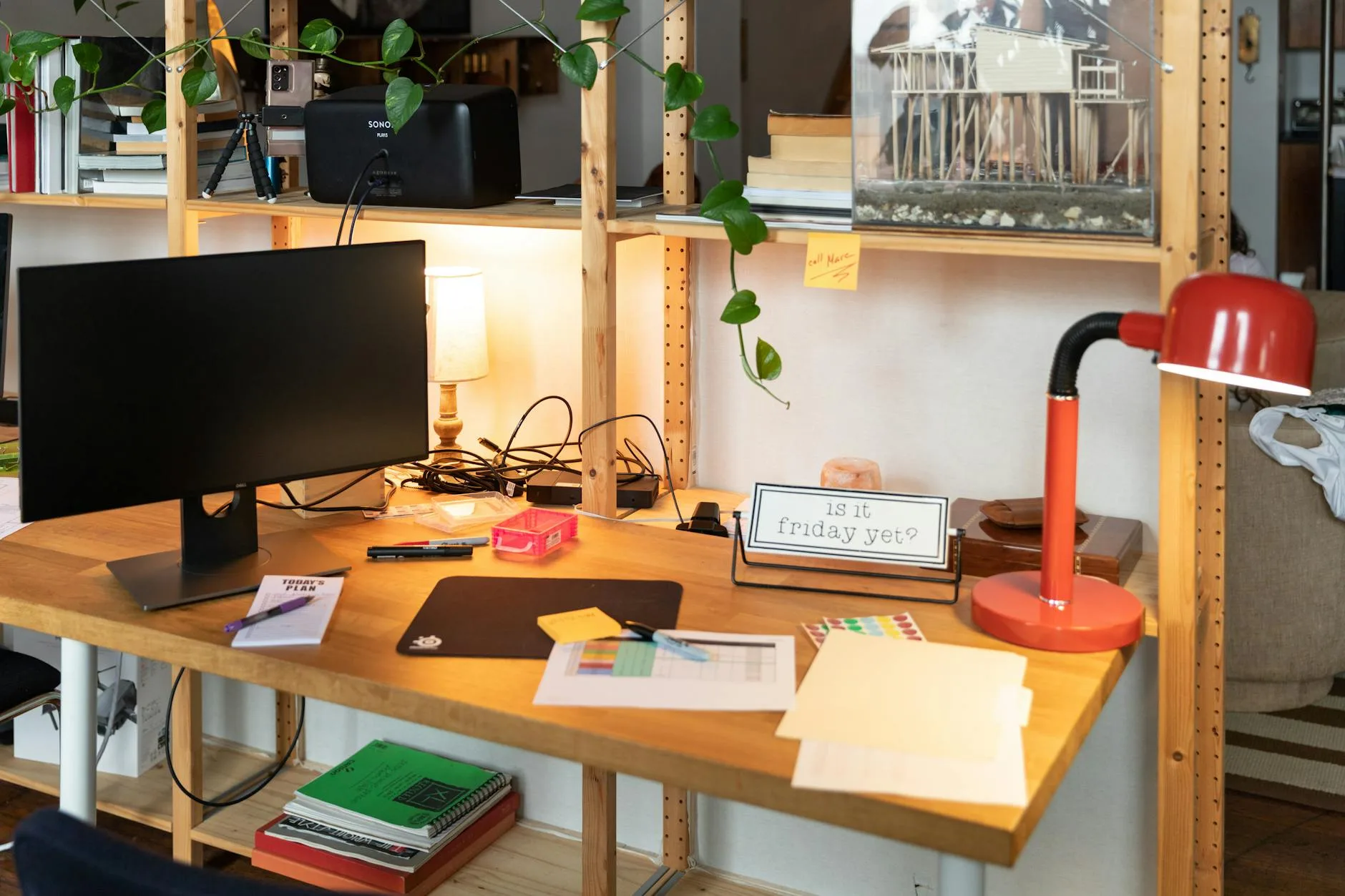 Tidy cable management under a desk with organised wires