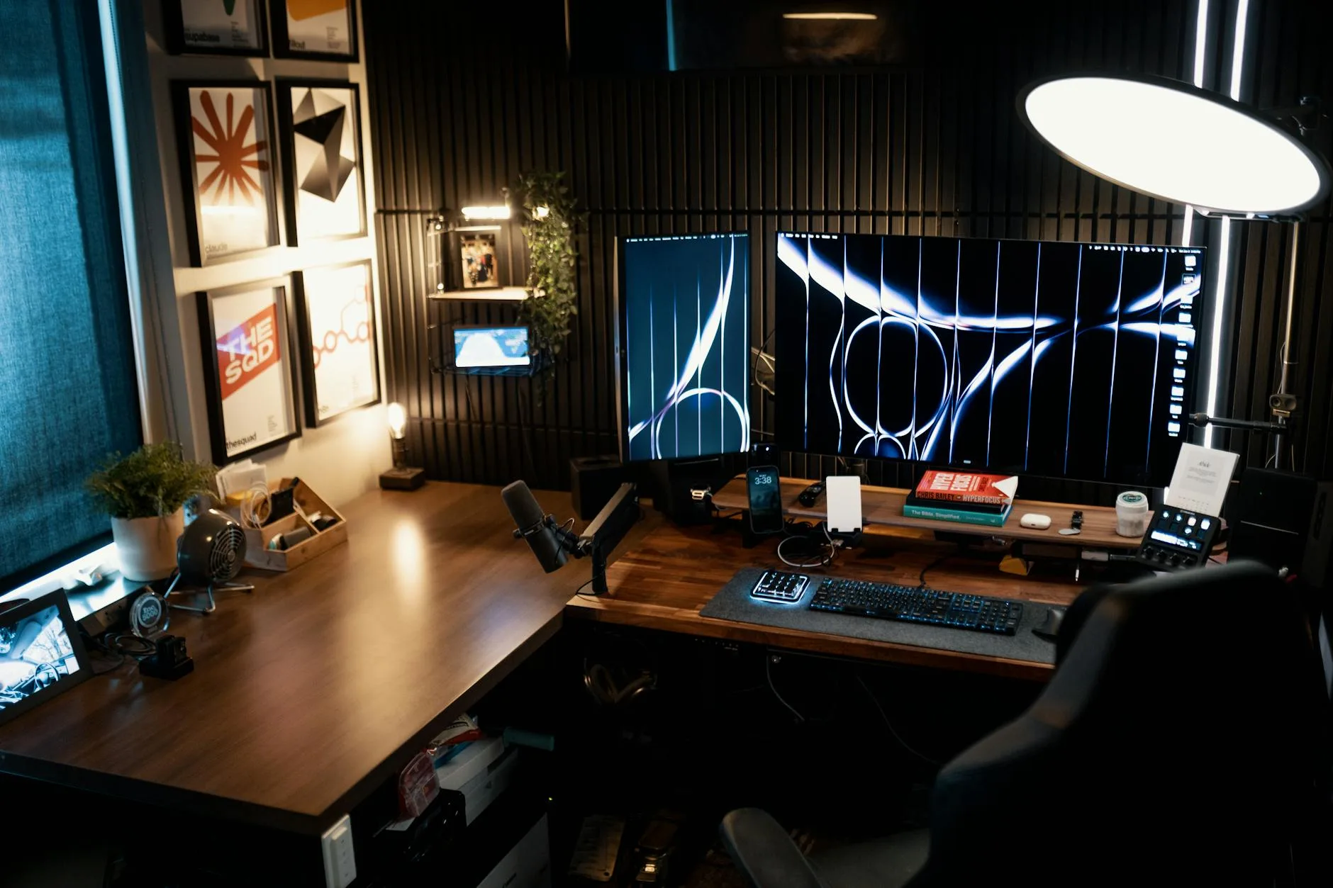 Dual monitor desk setup in a clean home office workspace