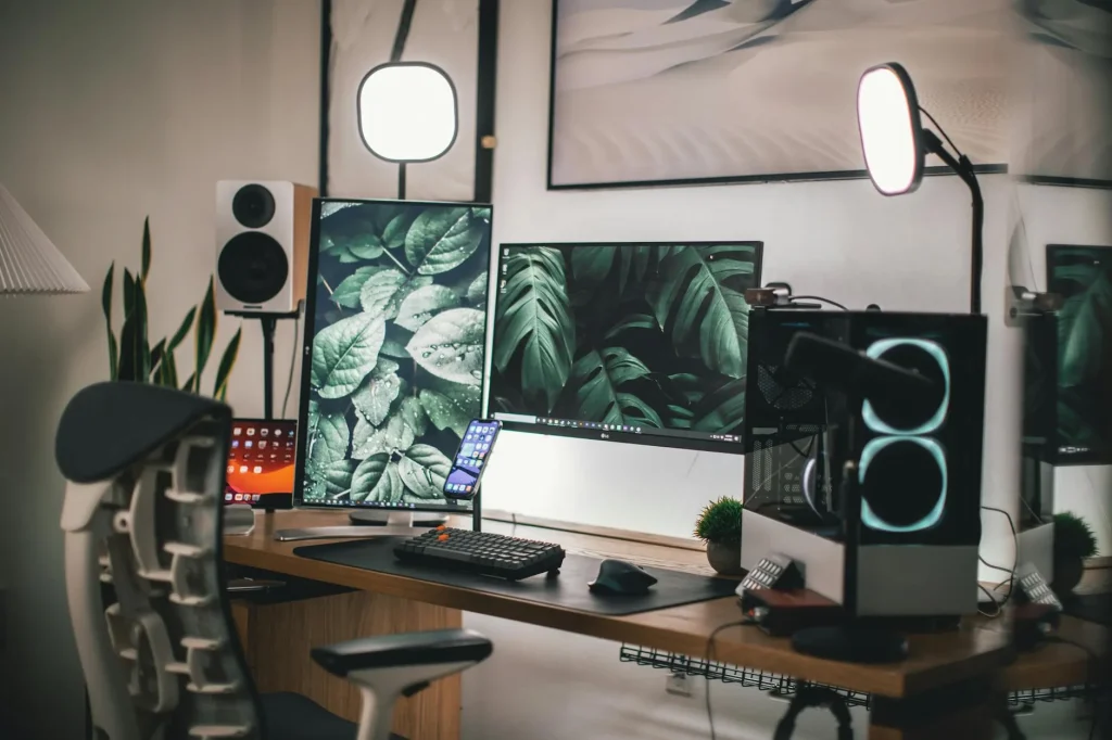Gaming monitor on a clean desk setup in a home office