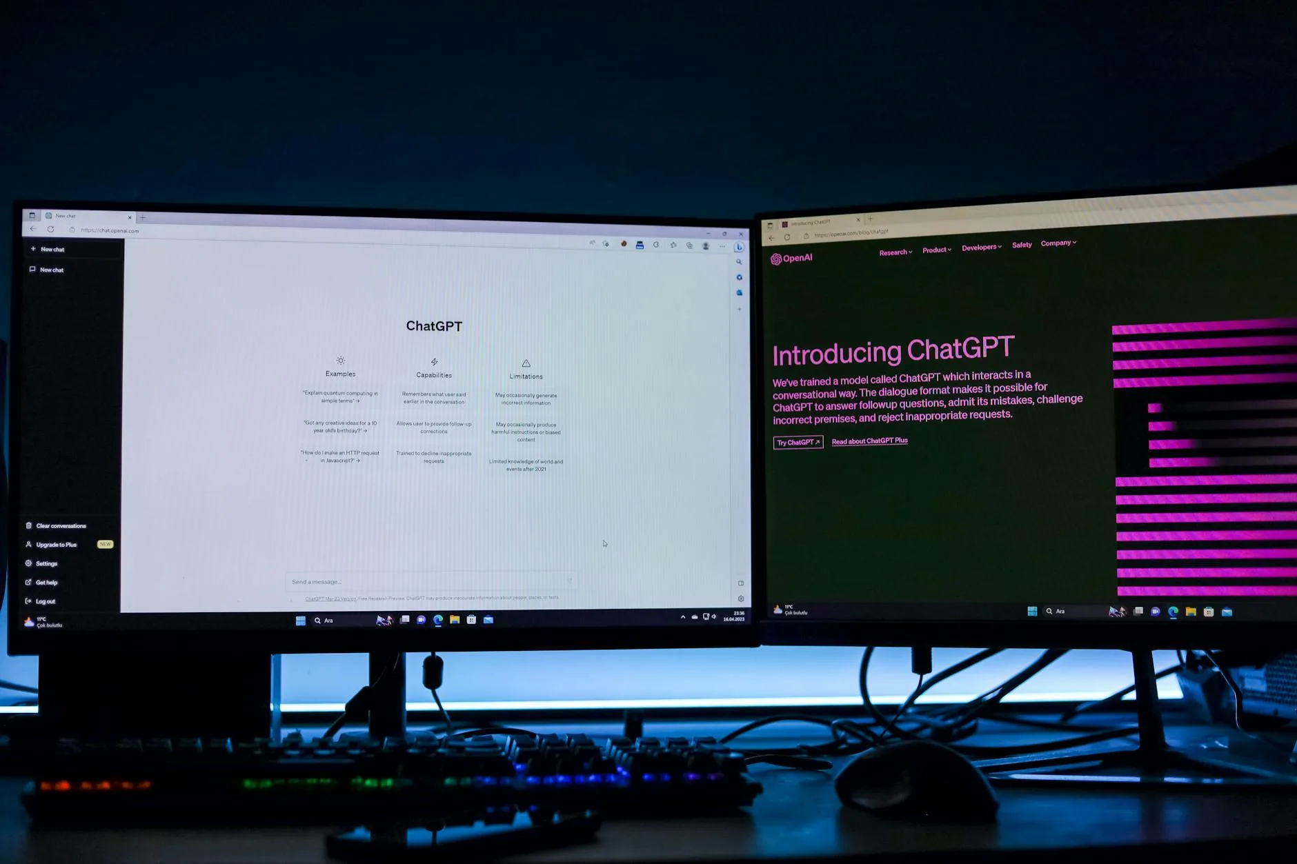 Dual monitor desk setup in a home office