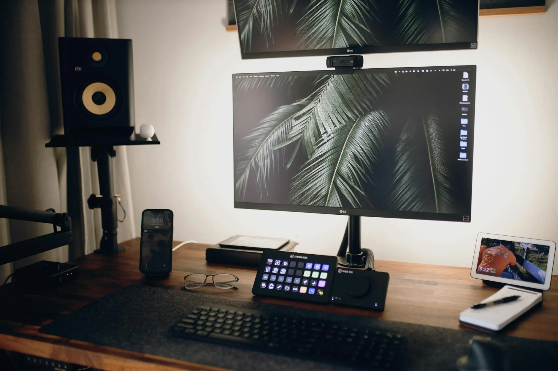 Dual monitor desk setup in a home office for productivity