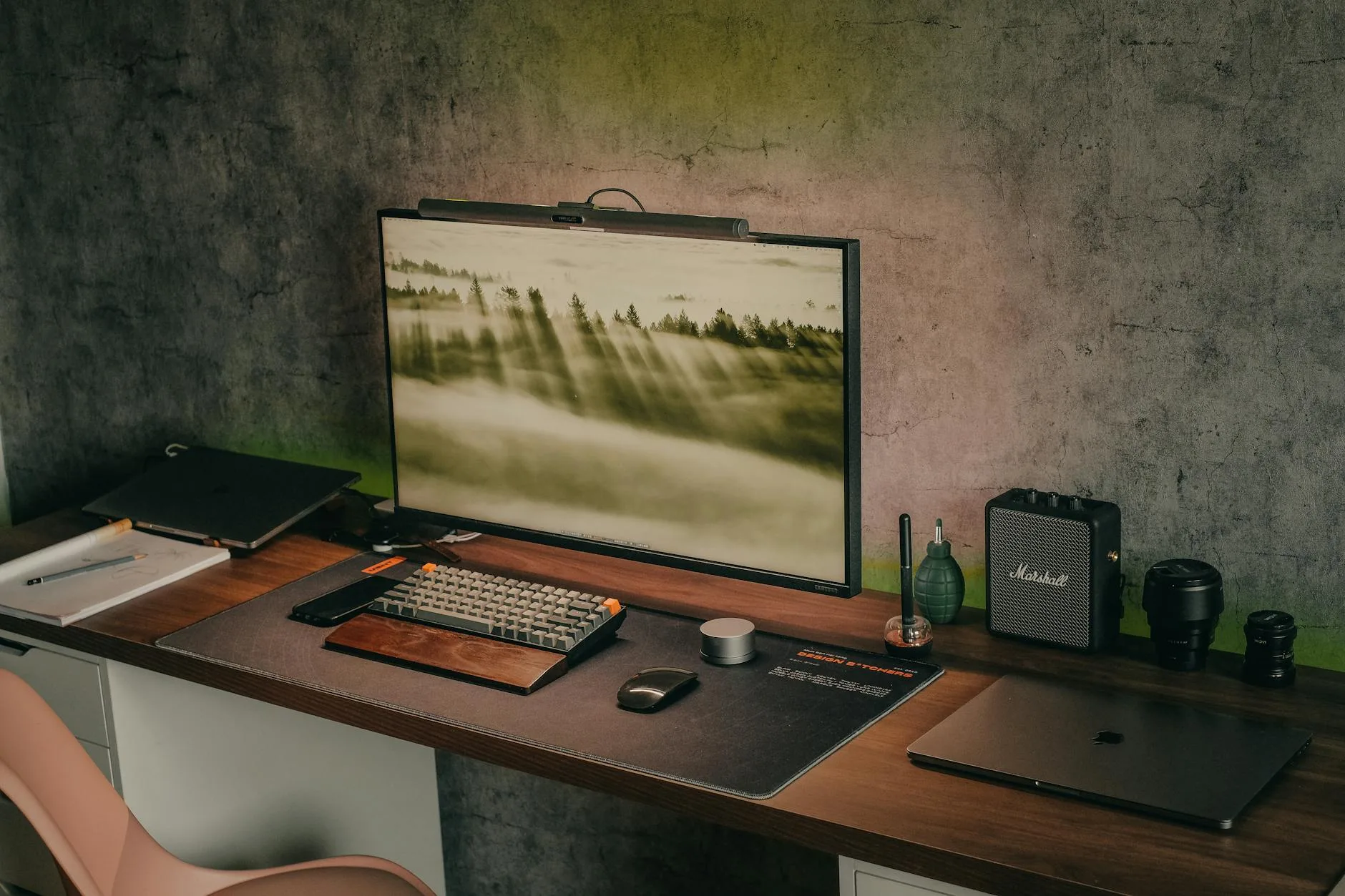 Home office desk setup with ergonomic accessories