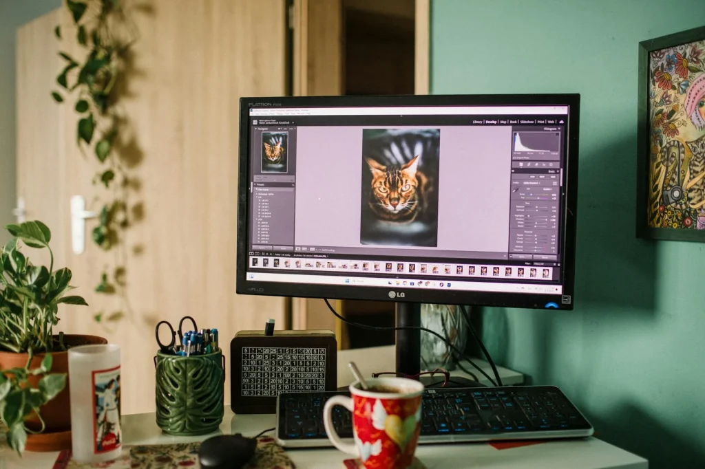 Desktop monitor displaying colourful photographs for editing