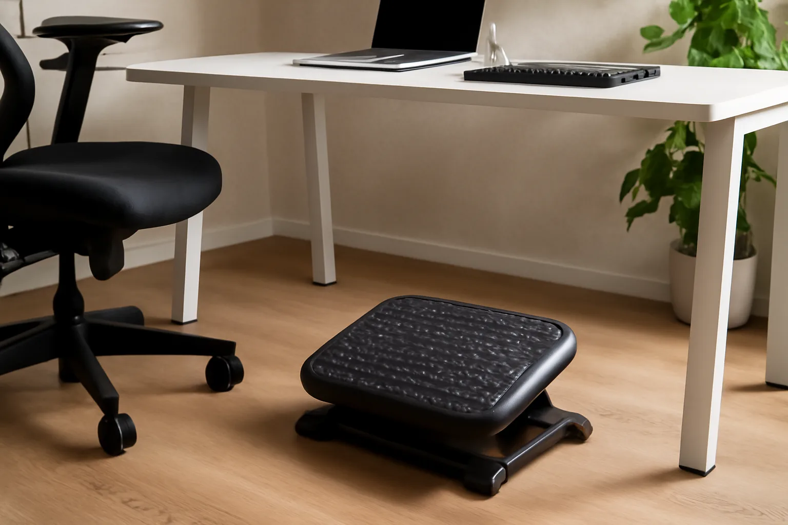 Adjustable footrest under a home office desk