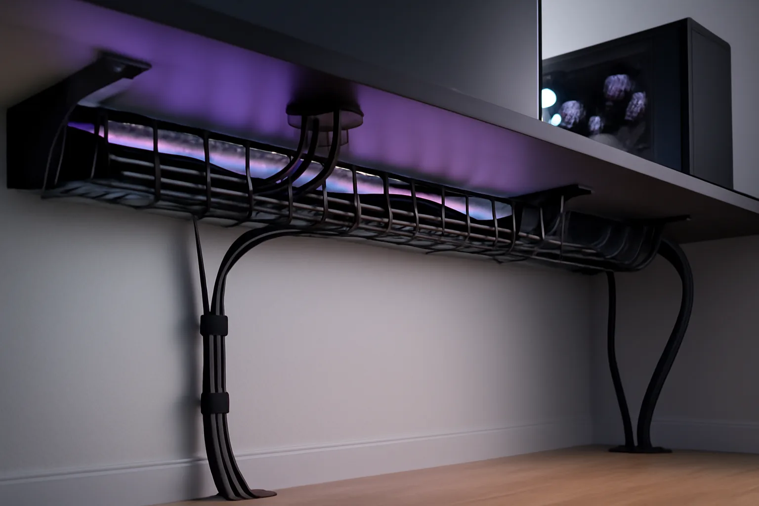 Tidy gaming desk cable management under a streaming setup