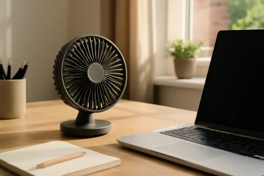 Portable desk fan cooling a tidy home office workspace