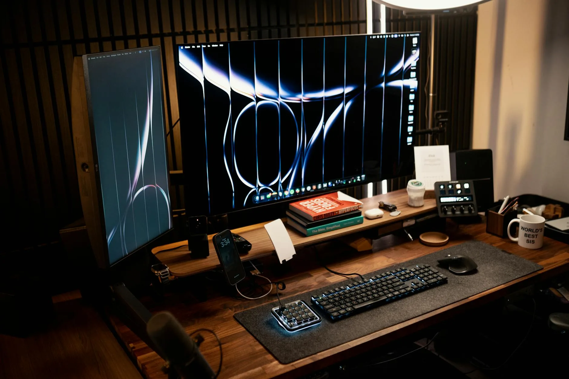 Dual monitor desk setup arranged for comfortable neck posture