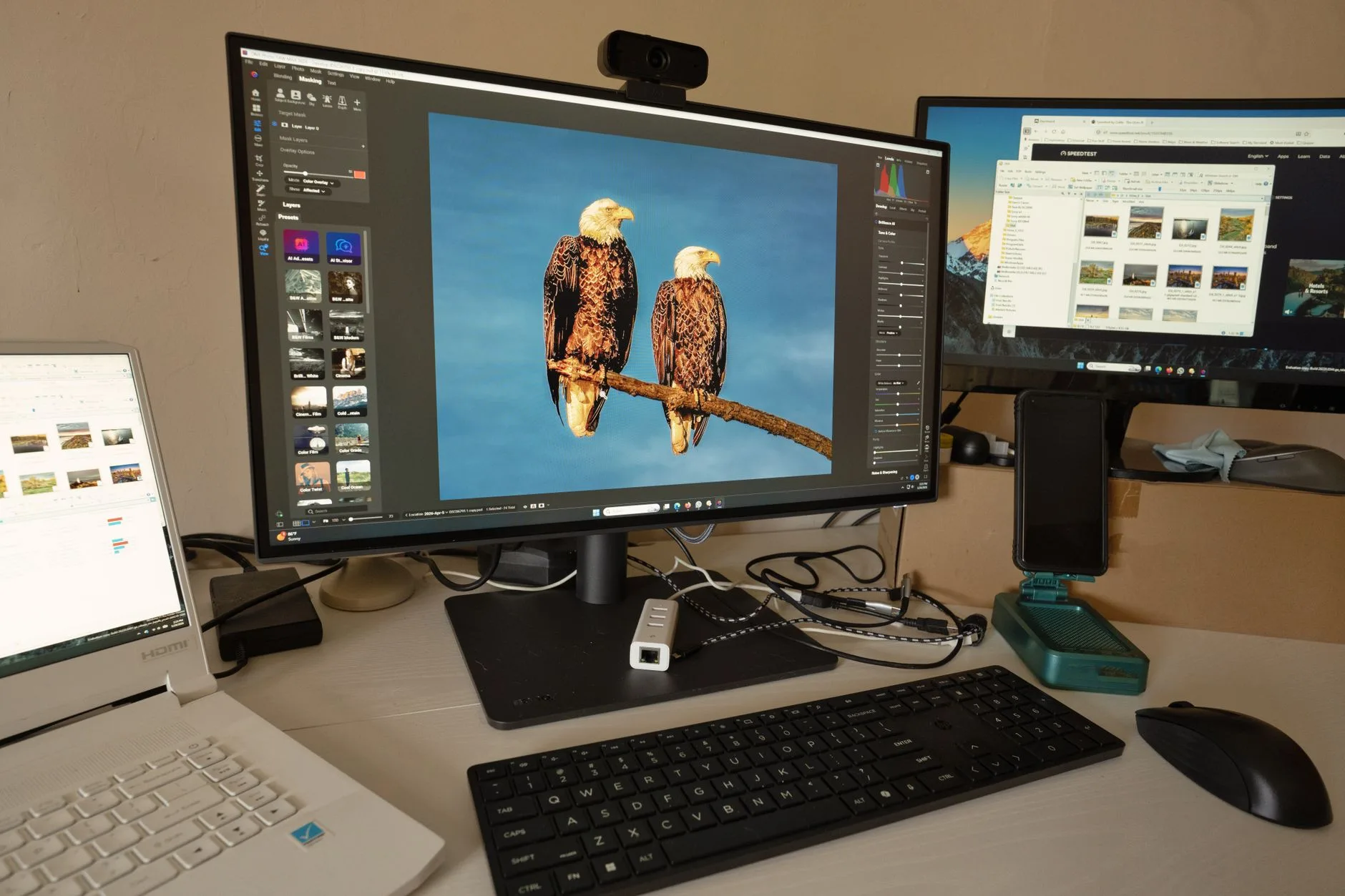 Dual monitor work setup on a desk for office tasks