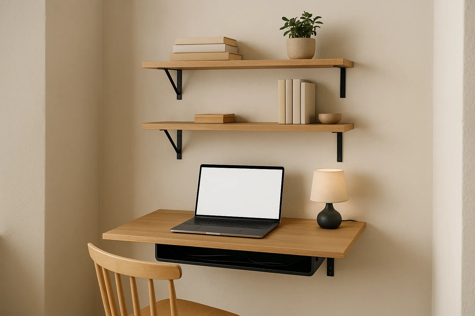 Floating desk with cable tray and wall shelves