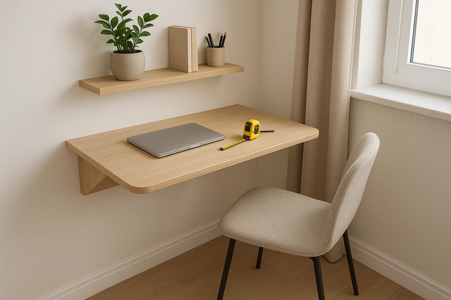 Floating desk with chair clearance and tape measure
