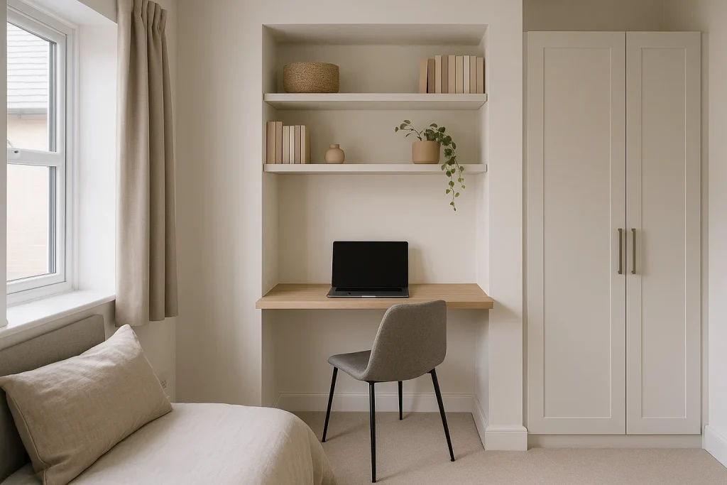 Floating desk in a small bedroom alcove