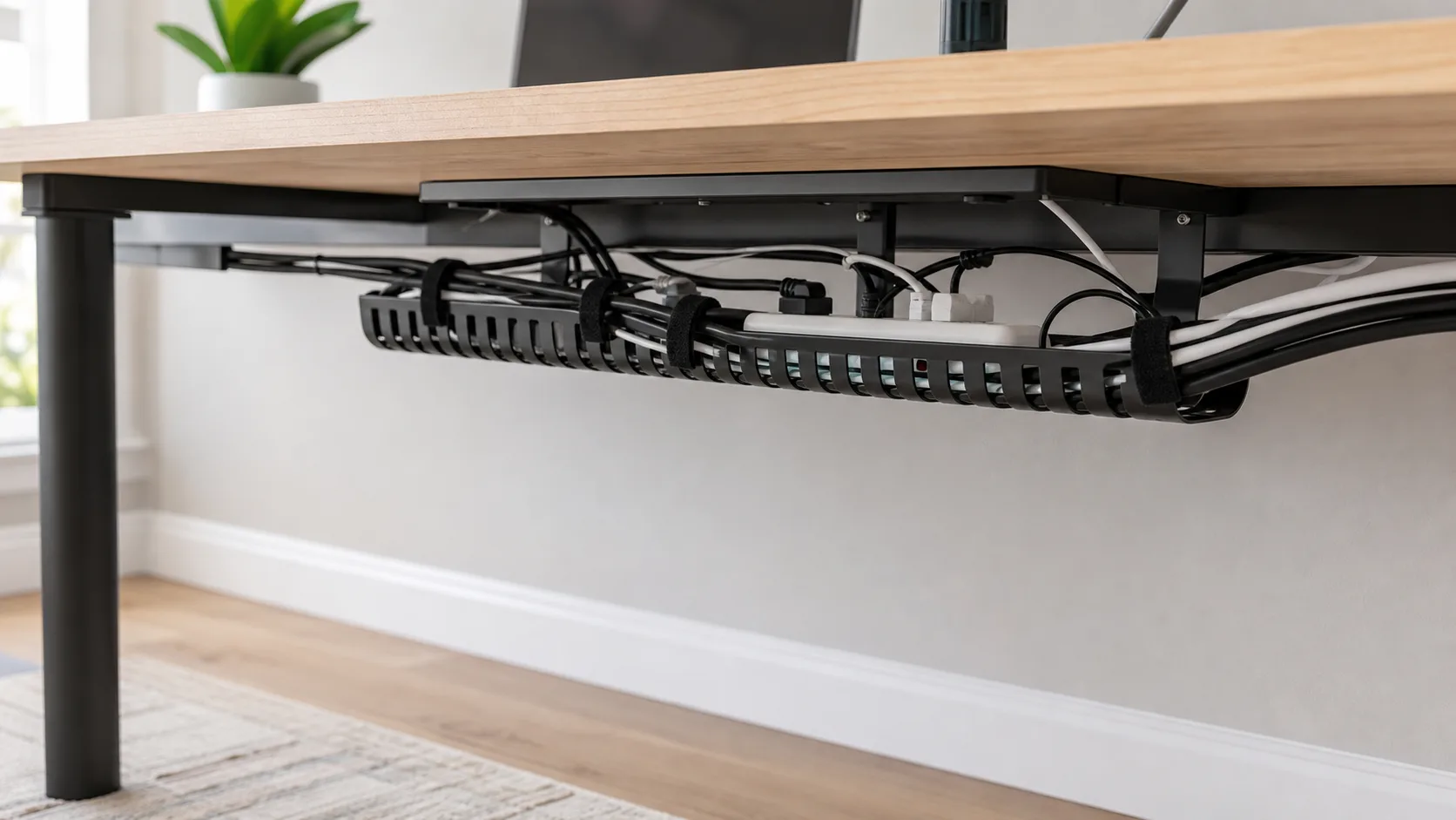 Under desk cable tray keeping home office wires organised