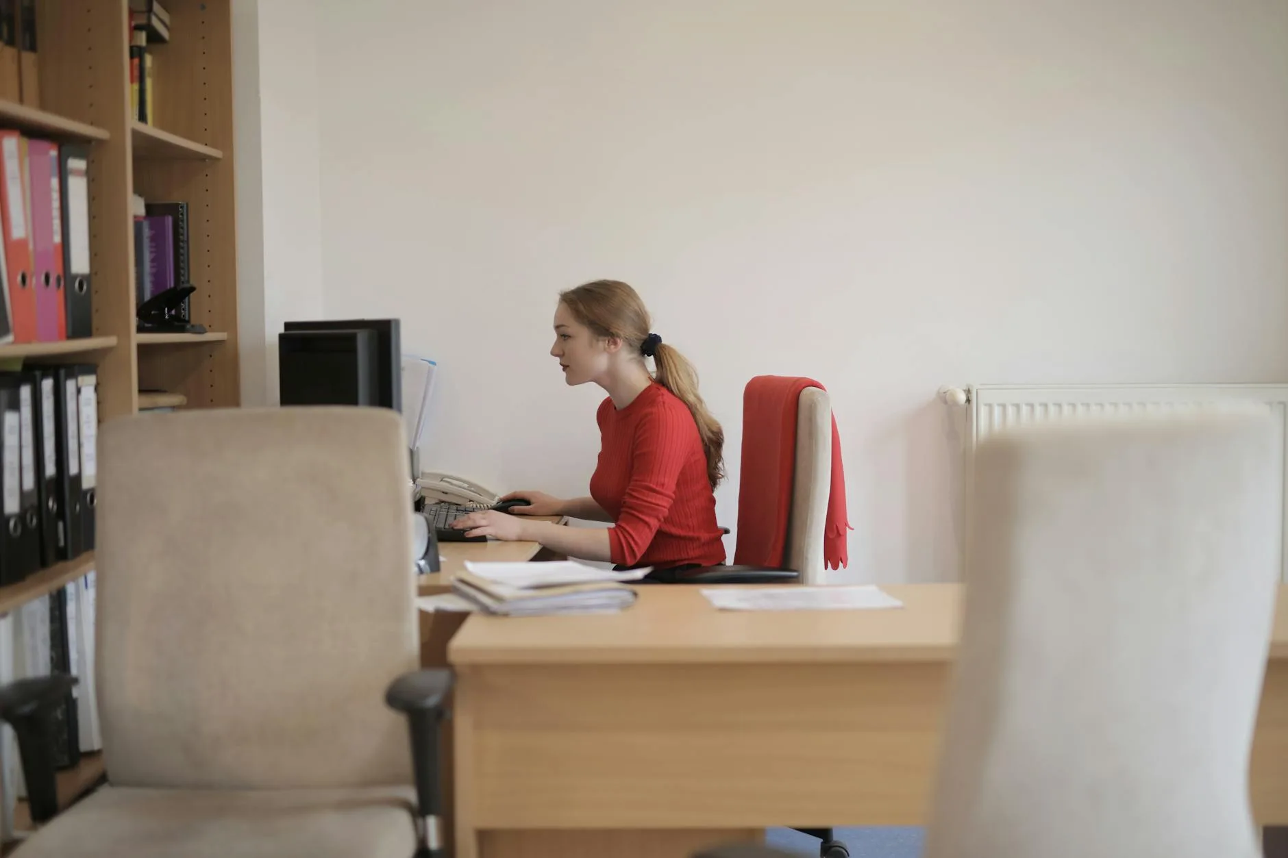 Computer monitor set near eye level to reduce neck strain