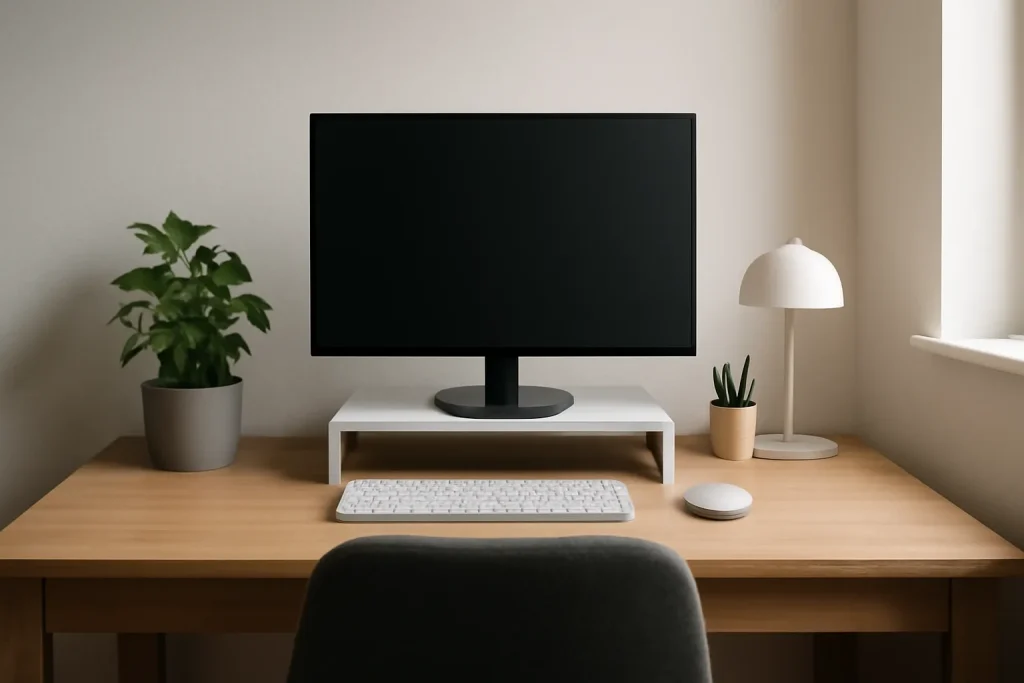Home office monitor positioned at eye level to reduce neck strain