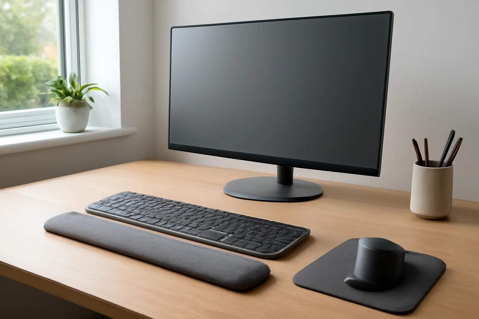 Keyboard mouse and wrist rest arranged for neutral wrist posture