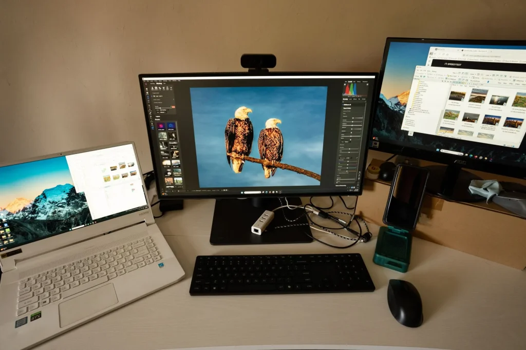 Laptop connected to a second screen on a home office desk