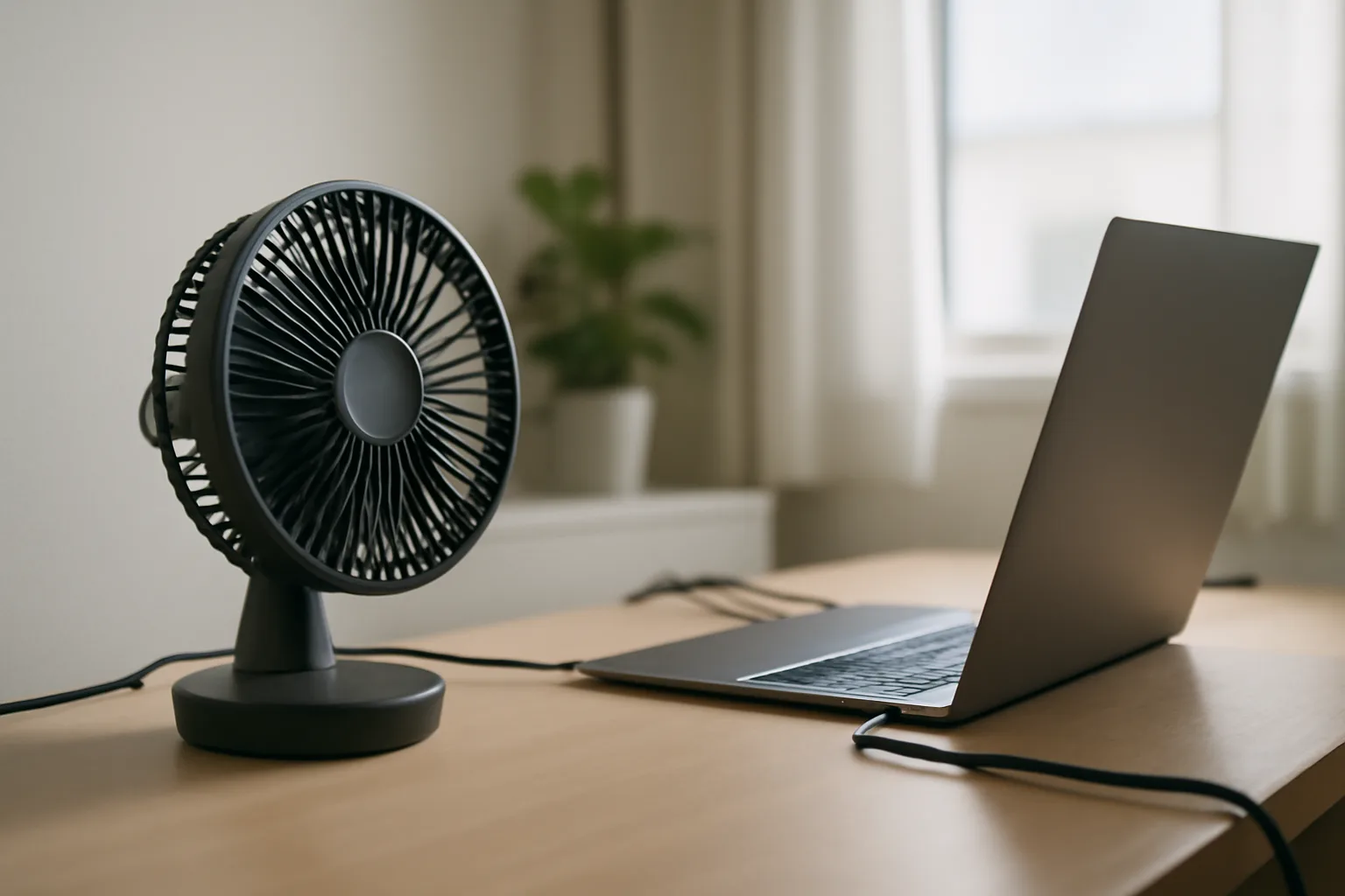 Small desk fan on a workstation with tidy cable management
