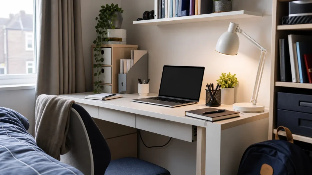 Student desk setup with laptop lamp and storage