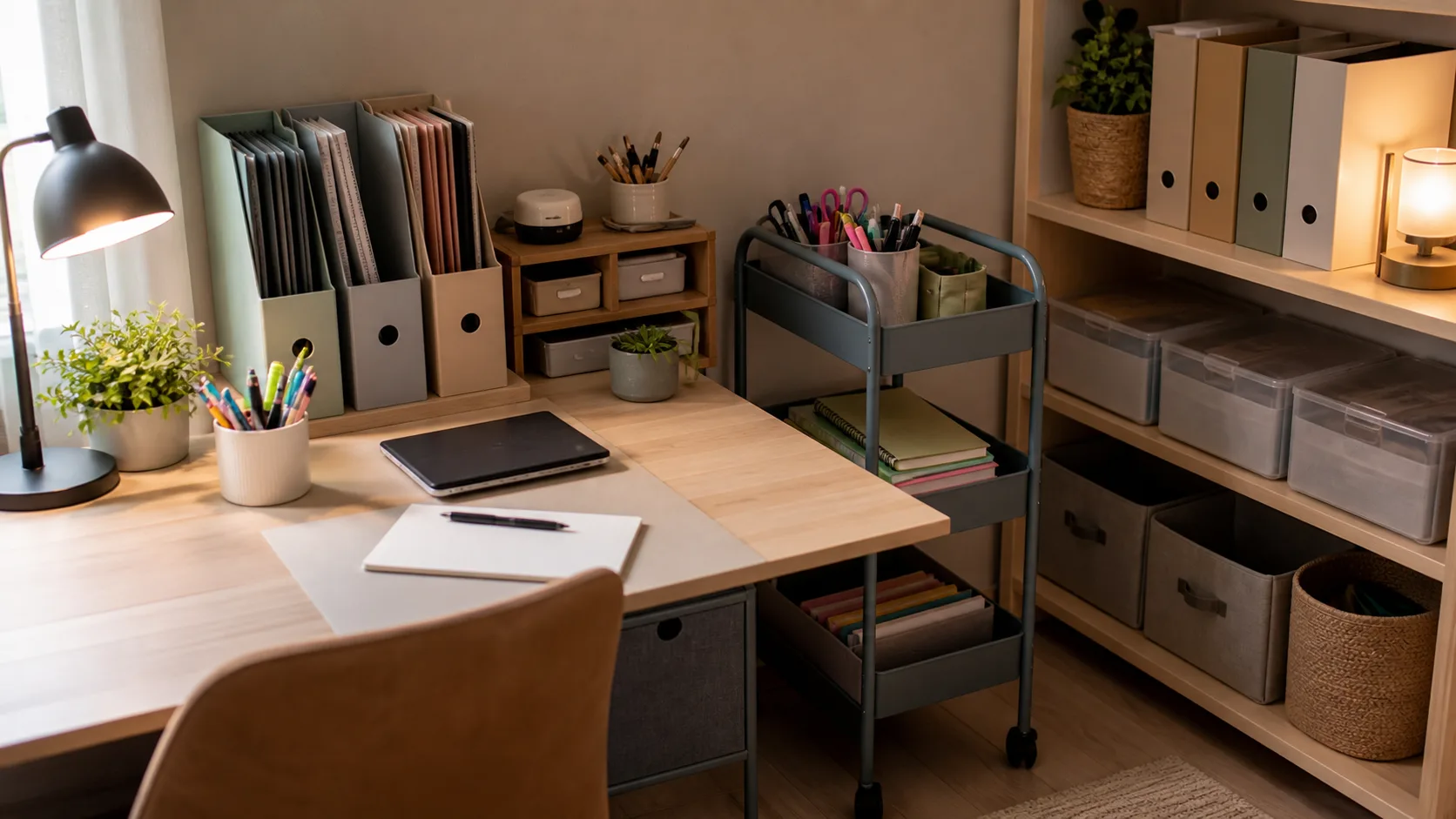 Student desk storage trolley with files and stationery