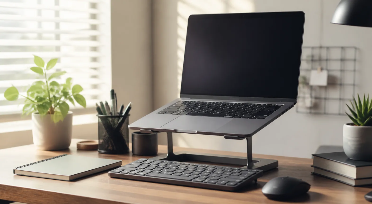 Raised laptop stand with keyboard and mouse for study