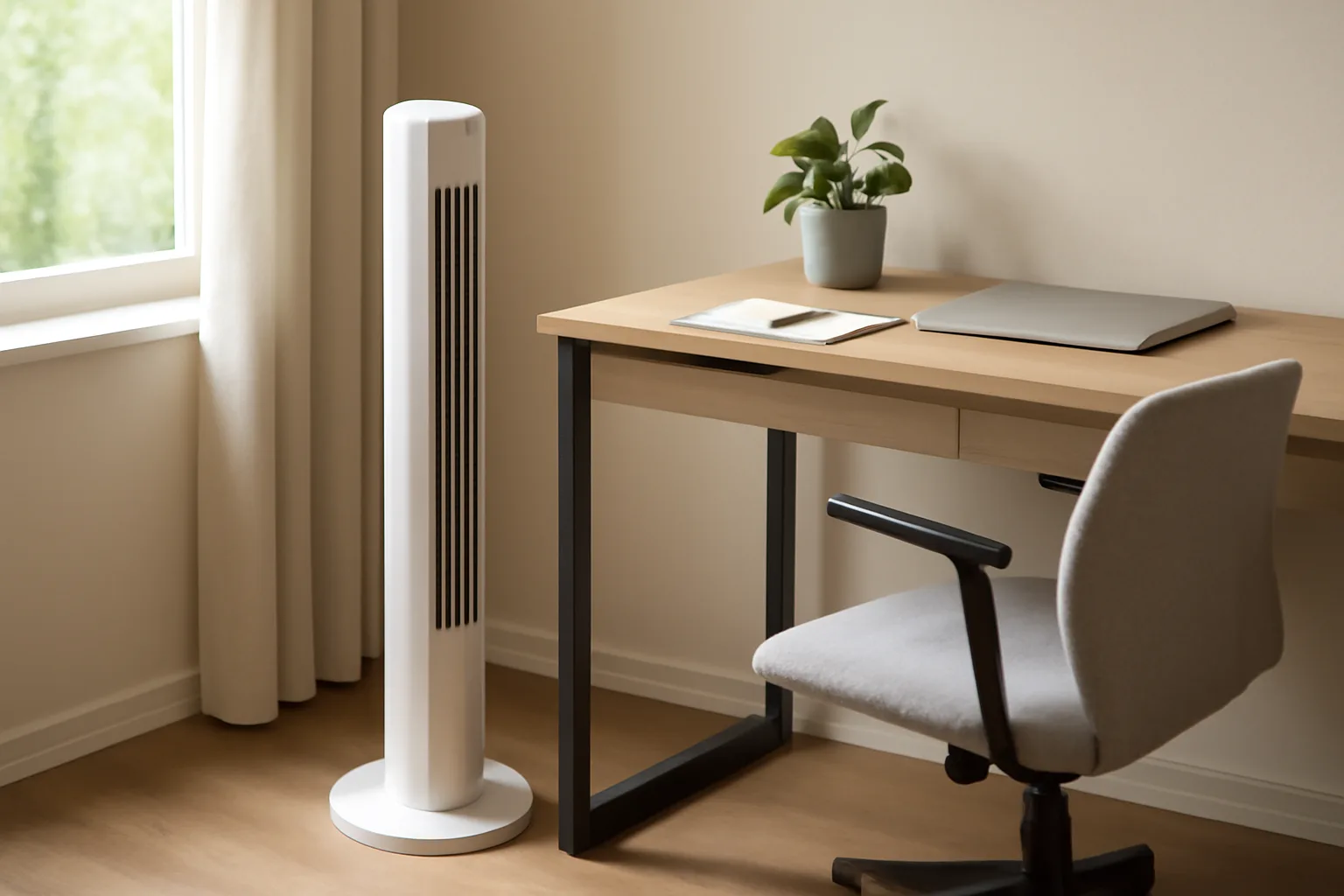 Slim tower fan beside a modern home office desk