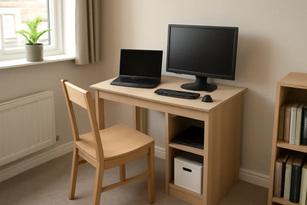 Compact value home office desk setup in a UK spare room