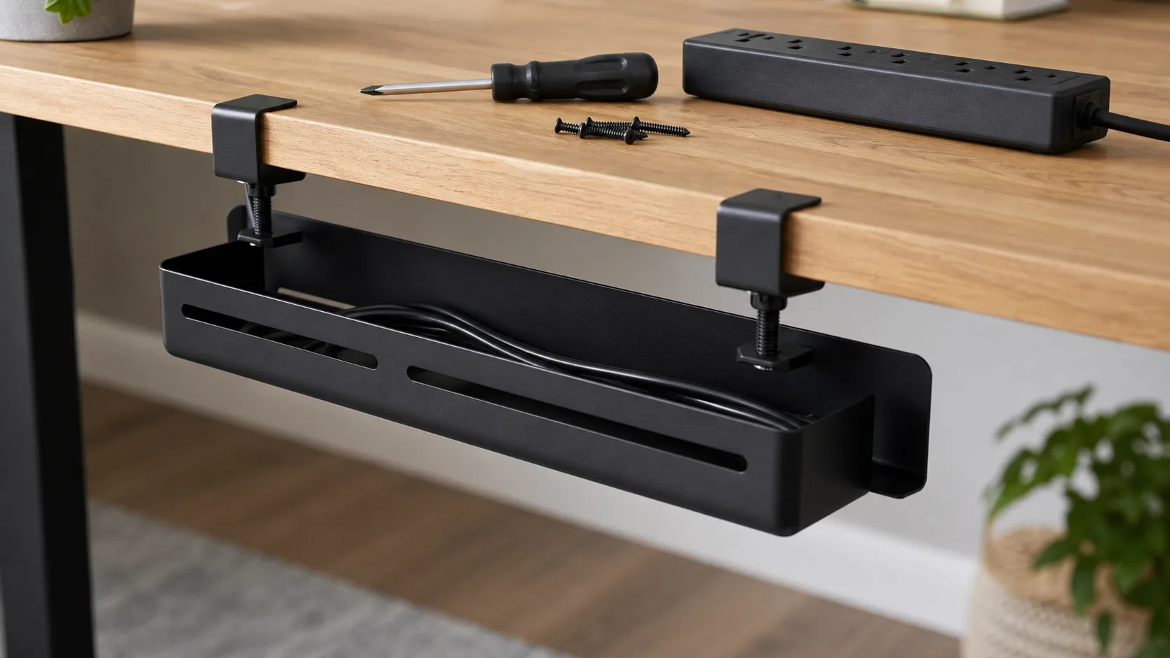 Clamp-on cable tray being installed under a desk