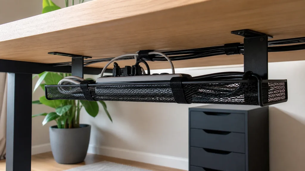Under desk cable tray keeping home office cables off the floor