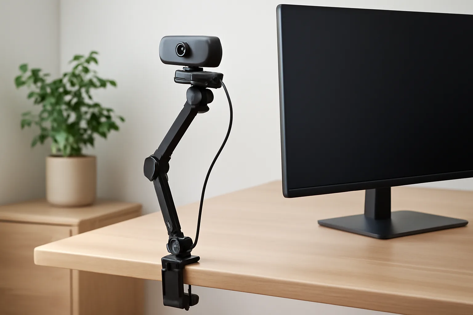 Desk clamp webcam arm beside a home office monitor