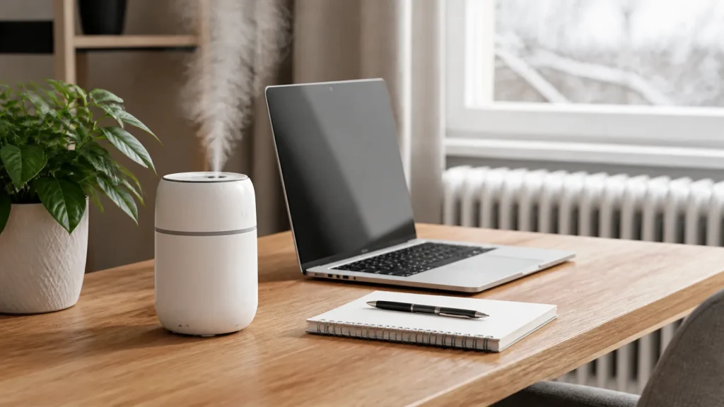 Small desk humidifier misting beside a laptop in a dry office
