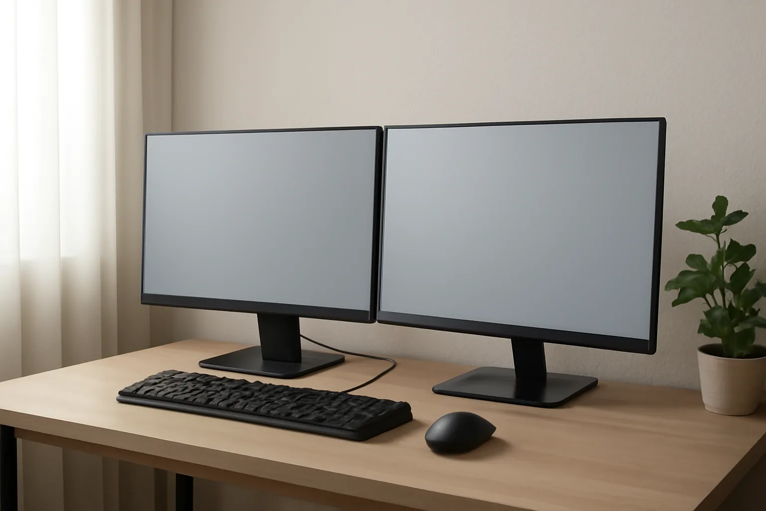 Dual budget monitors on a compact home office desk