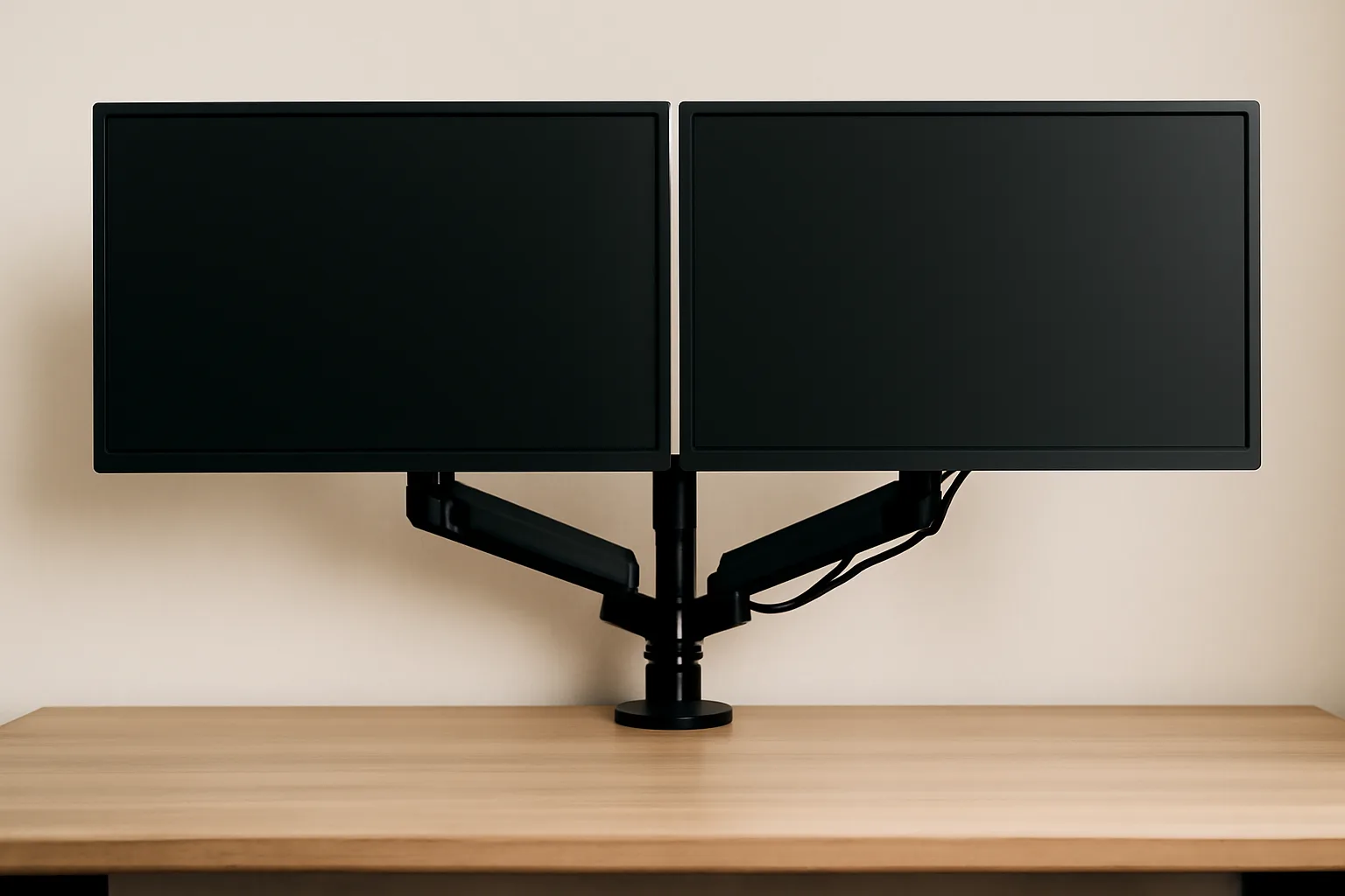 Dual monitor arm with tidy cable routing behind a home office desk