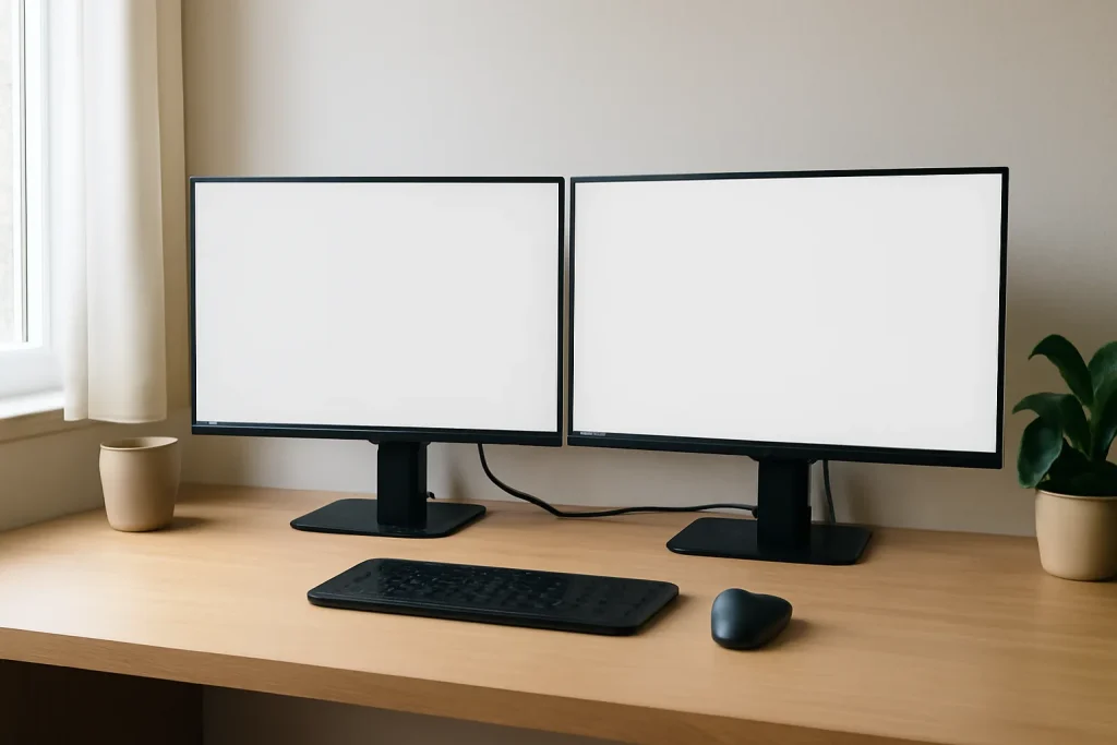 Dual monitor home office setup arranged for productive desk work