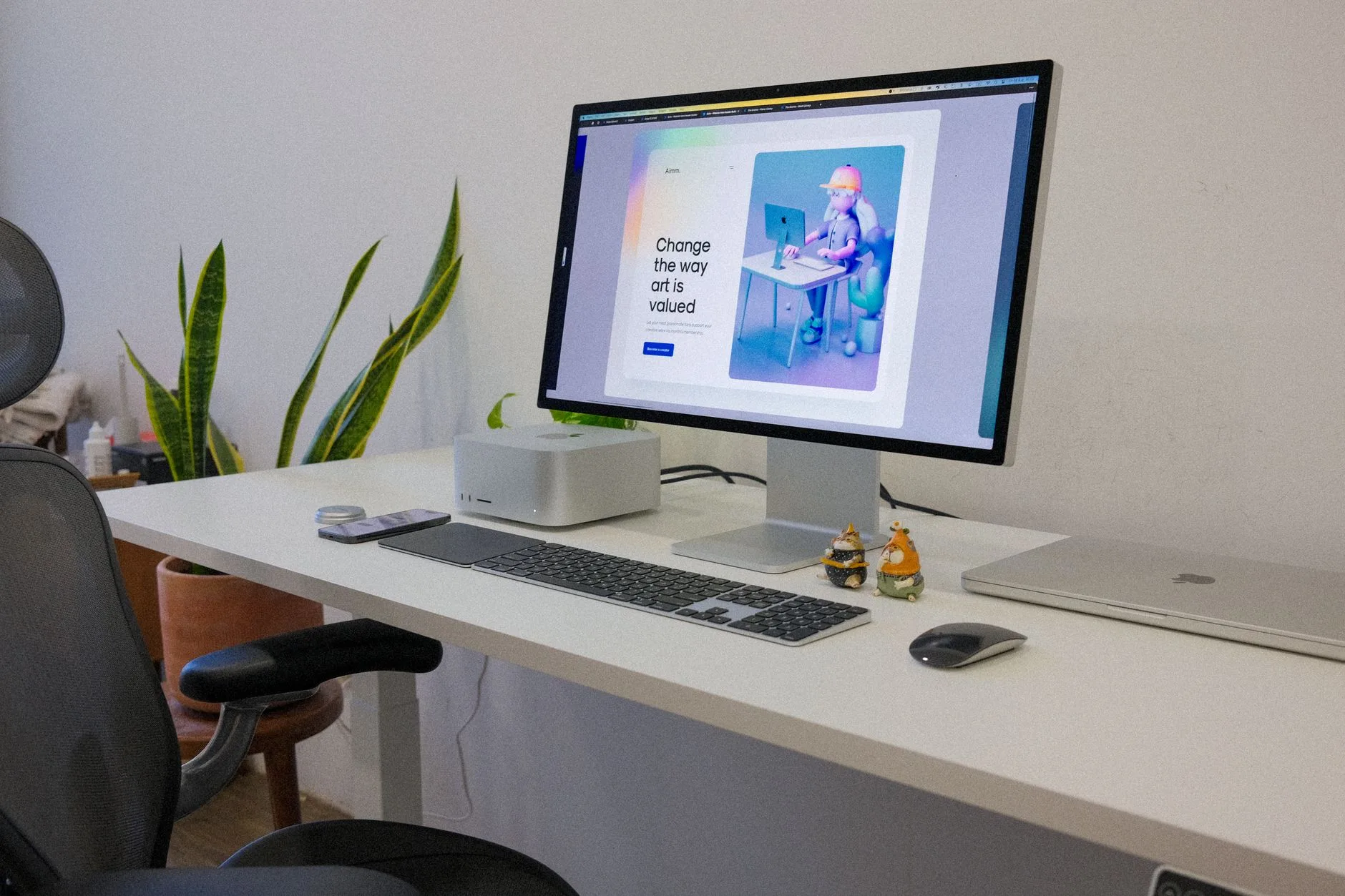 Ergonomic standing desk monitor setup with keyboard and chair