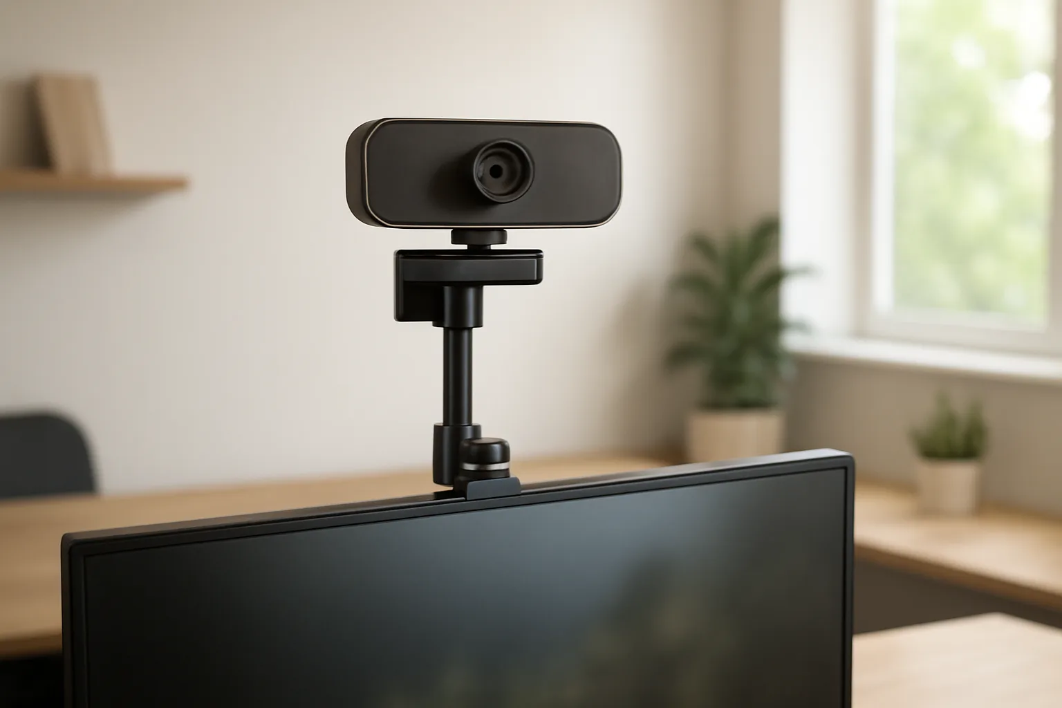 Eye-level webcam stand above a home office monitor