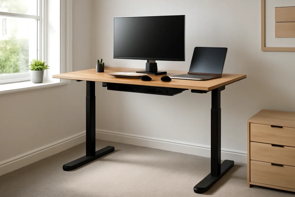 Electric standing desk raised in a tidy home office setup