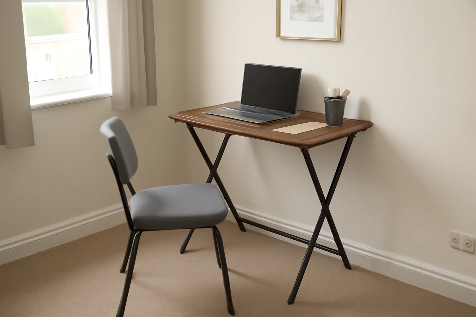 Compact folding office desk with laptop in a small room