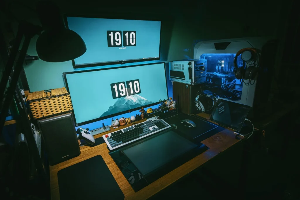 Gaming desk and office desk setup with monitor and keyboard