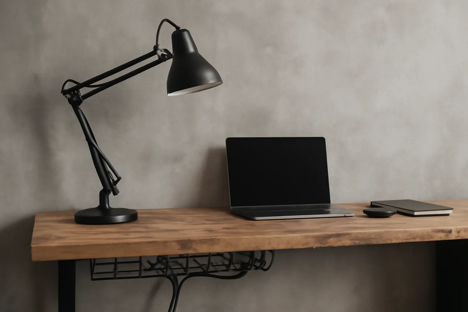 Industrial desk lighting with tidy cable management under a wood desk