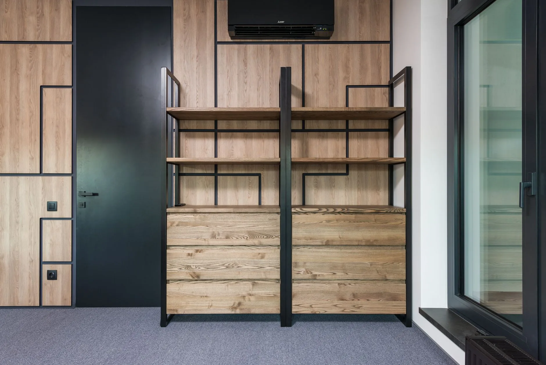 Home office desk with metal shelving and warm wood industrial styling