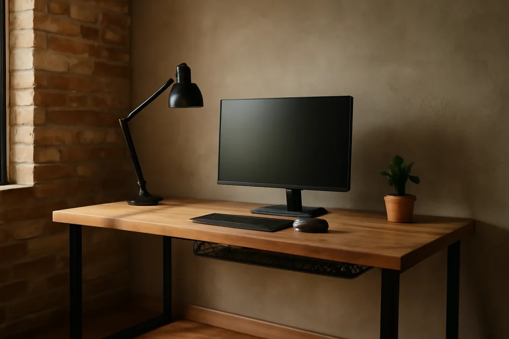 Industrial style home office desk with reclaimed wood and black metal