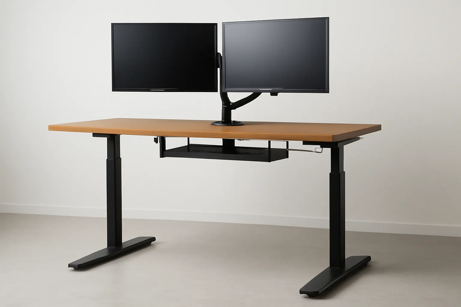Metal standing desk frame supporting a dual monitor setup