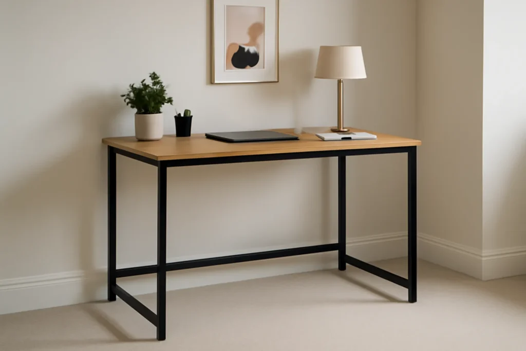 Metal desk frame with wooden top in a UK home office