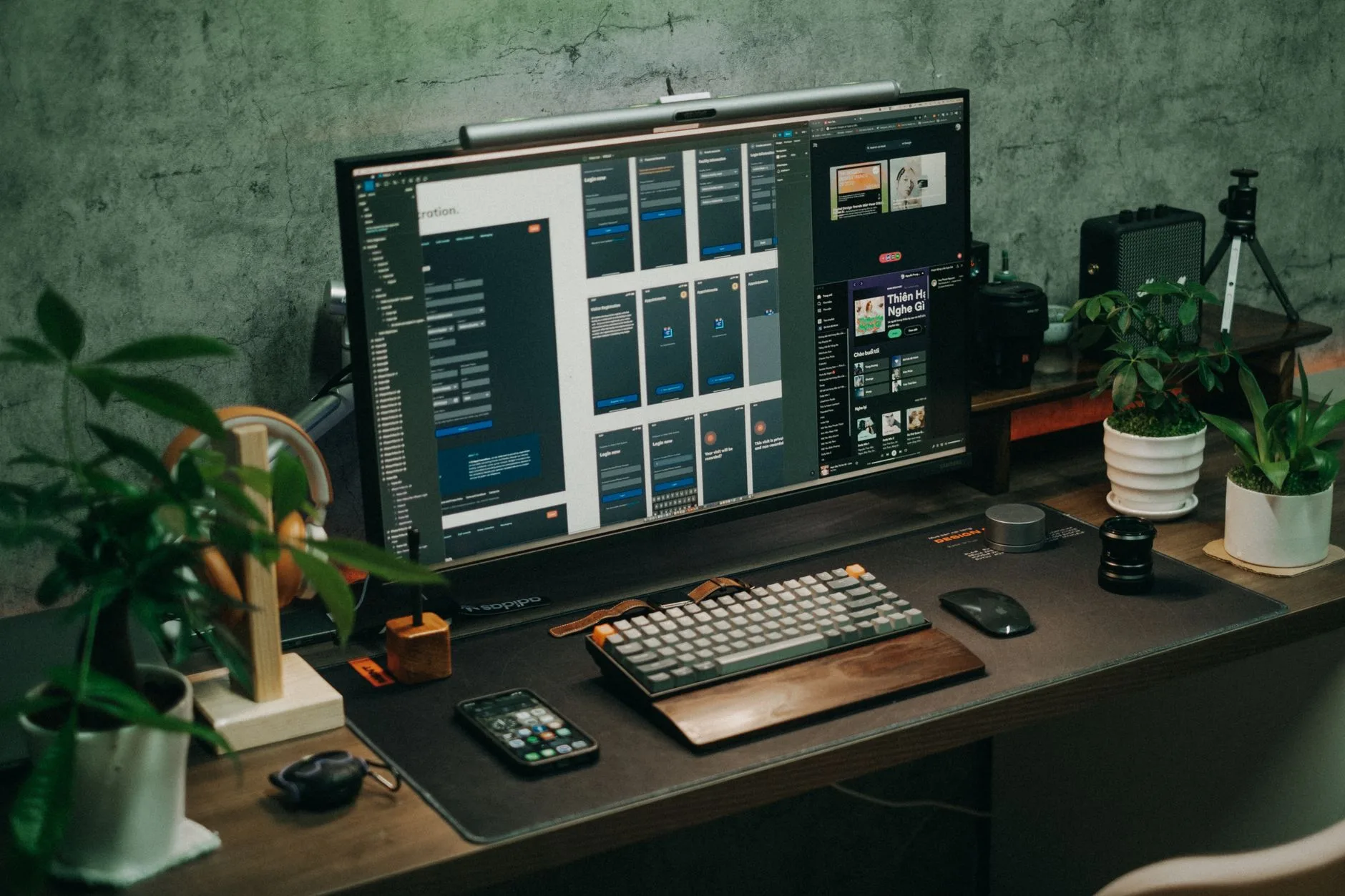 Modern monitor with warm desk lighting for evening work
