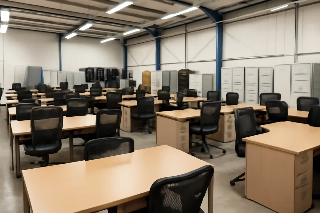 Second-hand office furniture with used desks and chairs