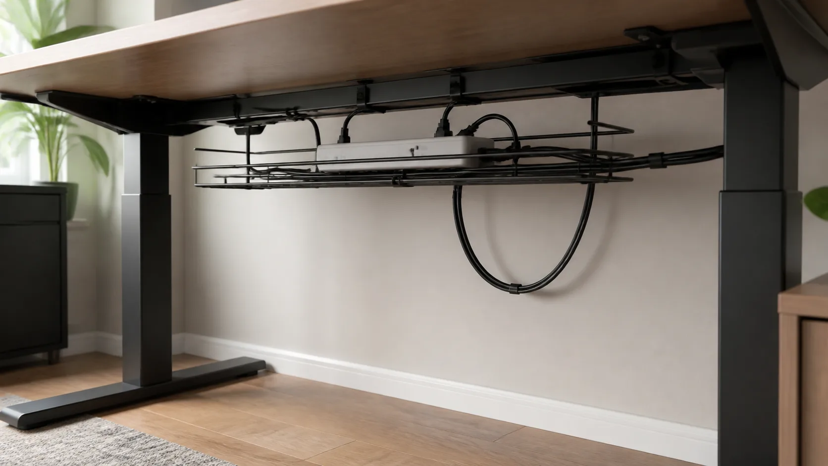 Cable tray with service loop under a standing desk