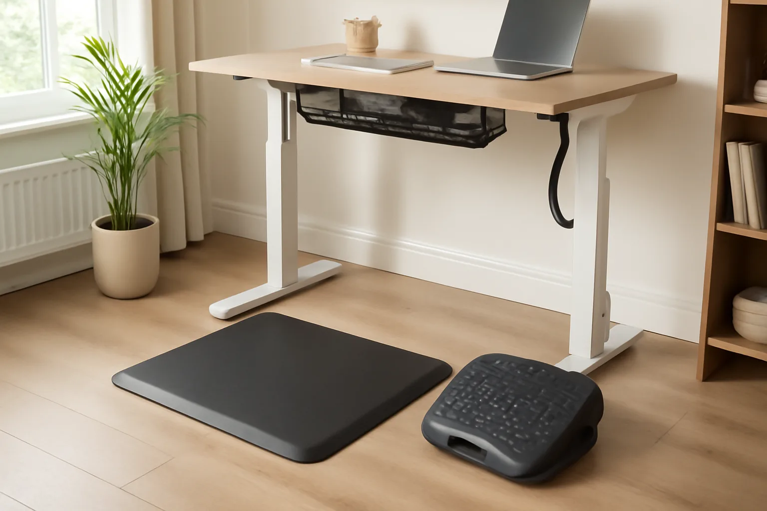 Standing desk accessories with mat footrest and cable tray