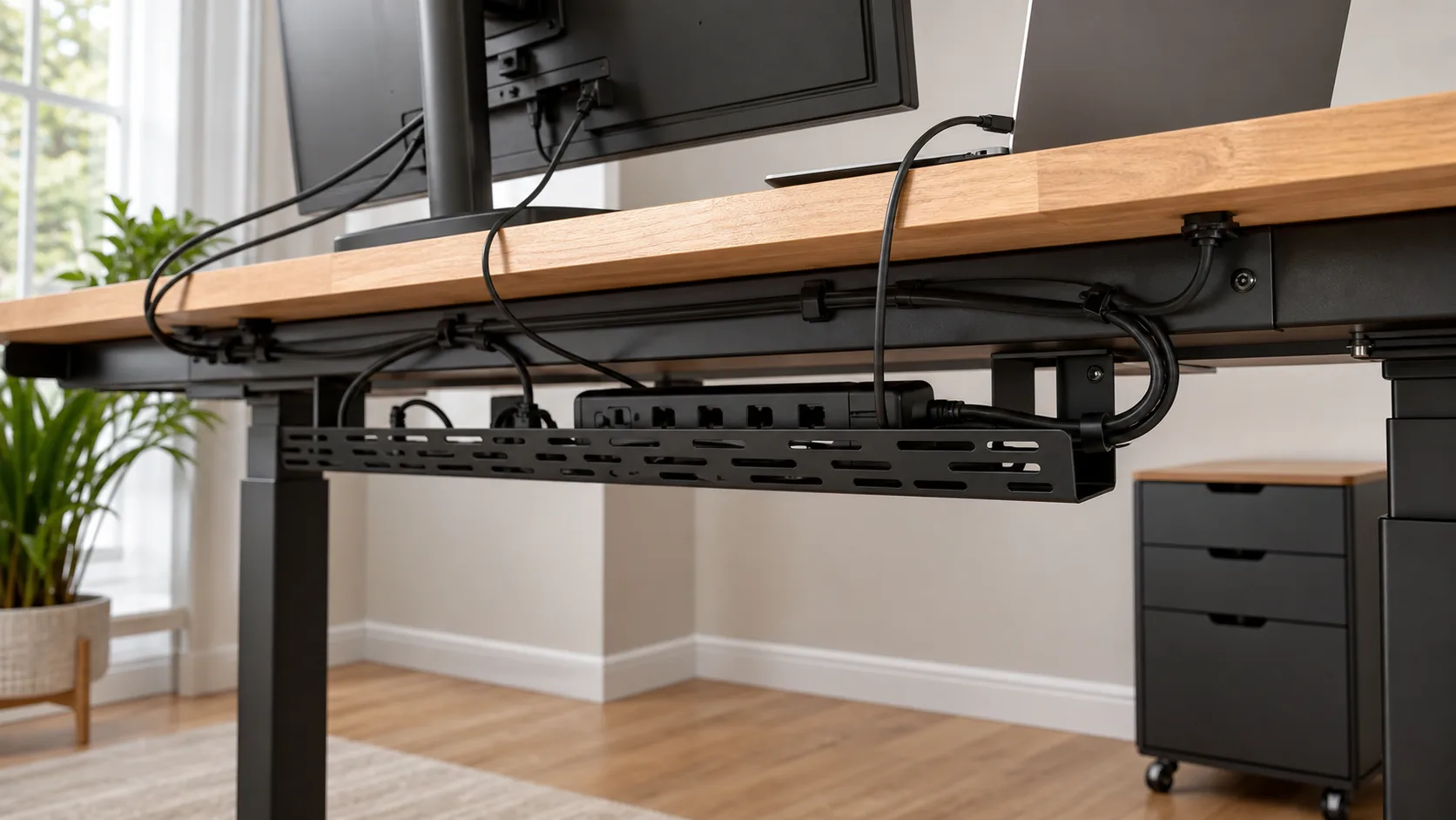 Under-desk cable tray keeping monitor and laptop wires tidy