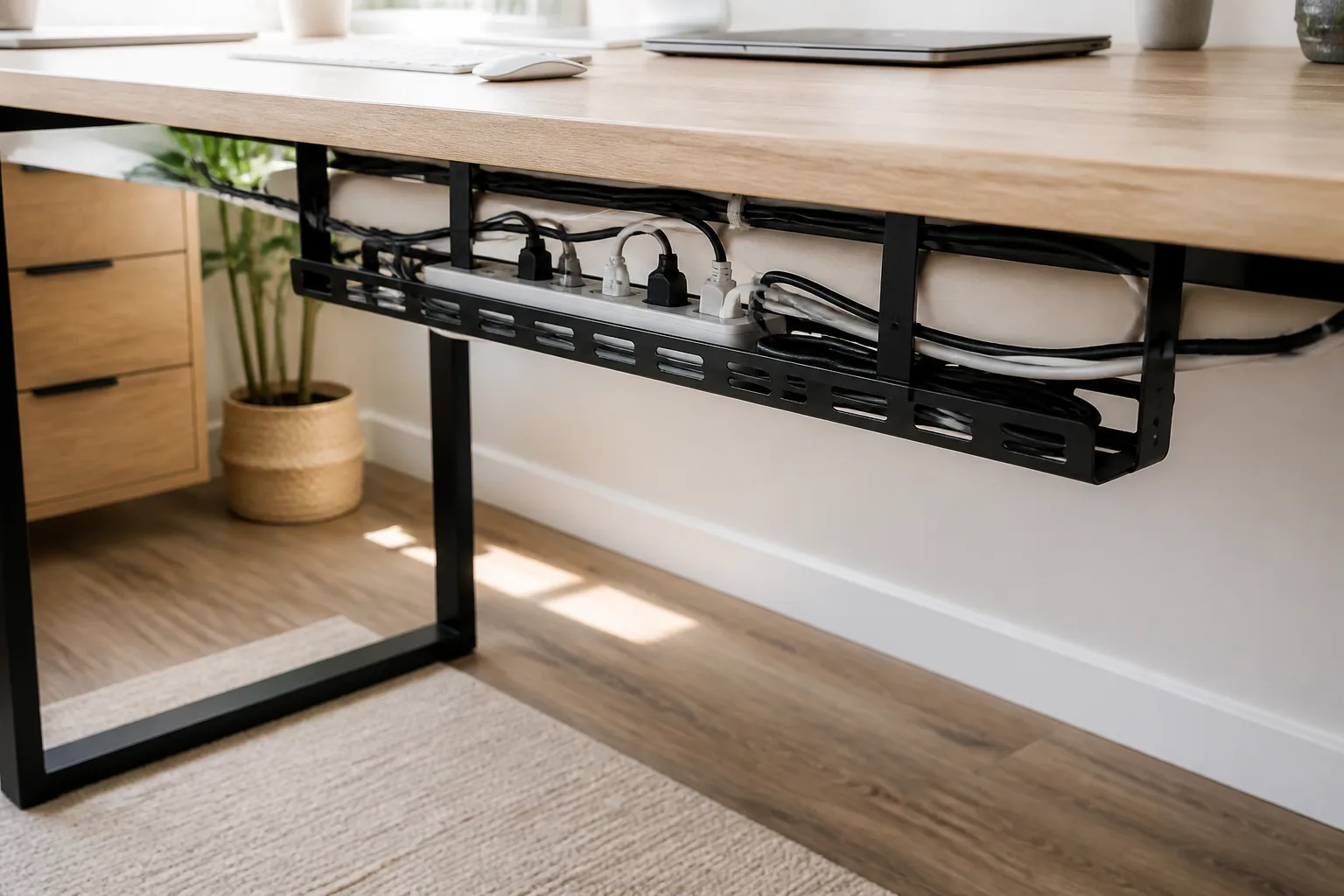 Under-desk cable tray organising power leads in a home office